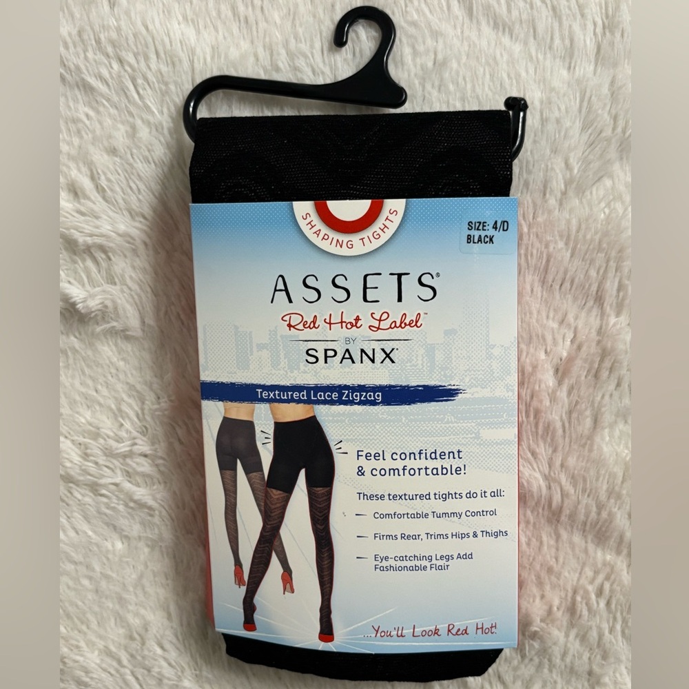 ASSETS Red Hot Label BY SPANX Textured Lace Zigzag Shaping Tights Size 4/D Black